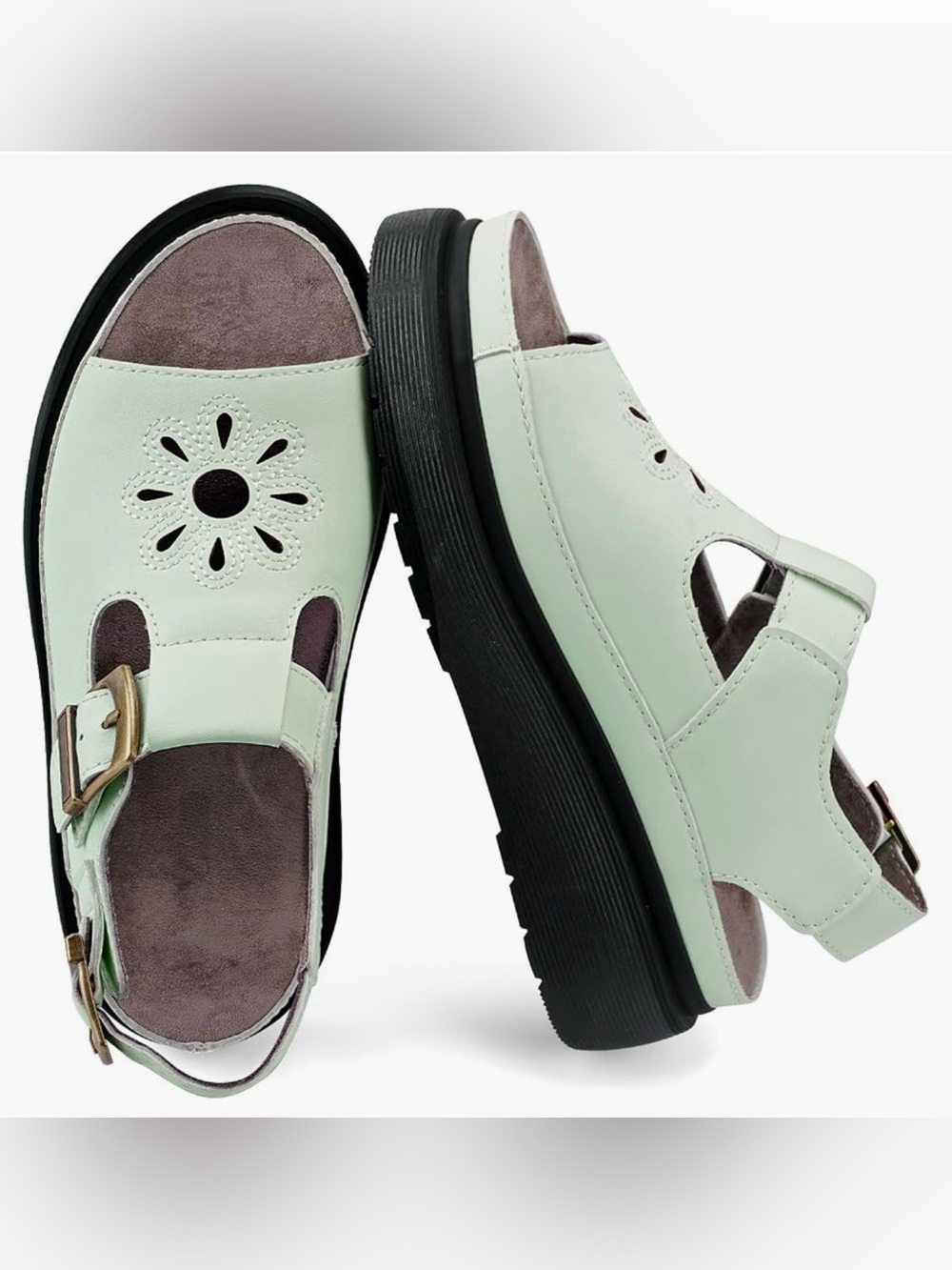 Boutique|Pastel Mint Buckle Chunky Platform Sandals,Faux leather cutout Flower•